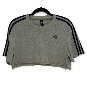 Adidas Crew Neck Raw Hem Stripped Shoulder Cropped T-shirt Heathered Grey EUC